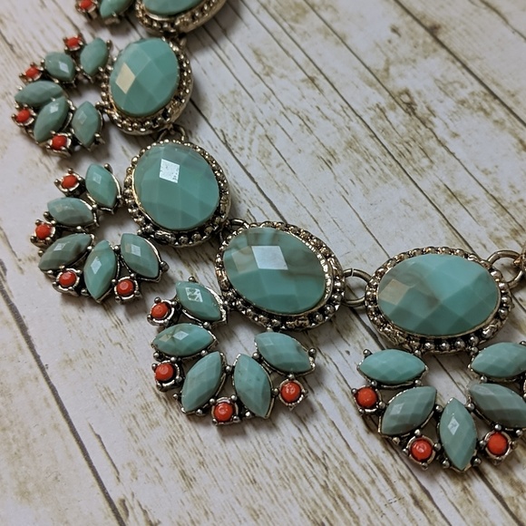 Faux Turquoise Gold Orange Statement Necklace - Picture 2 of 7